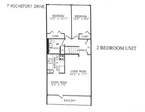Floor plan for 2 beds, 1 bath, 775 sqft